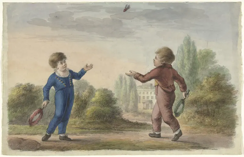 Twee jongens spelen badminton Wall Art by anonymous - High-Resolution Digital Print