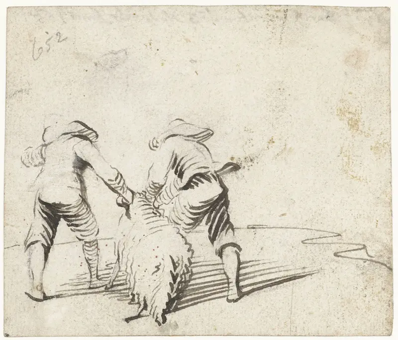 Twee jongens trekken een schaap voort, van achteren Wall Art by Unknown - High-Resolution Digital Print