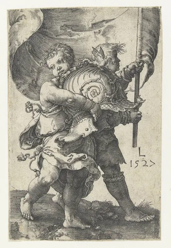 Twee jongetjes met een helm en een vaandel Wall Art by Unknown - High-Resolution Digital Print