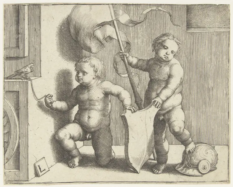 Twee jongetjes met een wapenschild, helm en vaandel Wall Art by Unknown - High-Resolution Digital Print