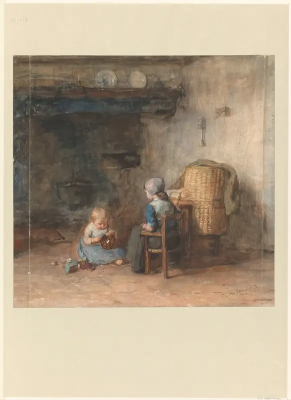 Twee kinderen in een boereninterieur Wall Art by Albert Neuhuys (1844-1914) - High-Resolution Digital Print