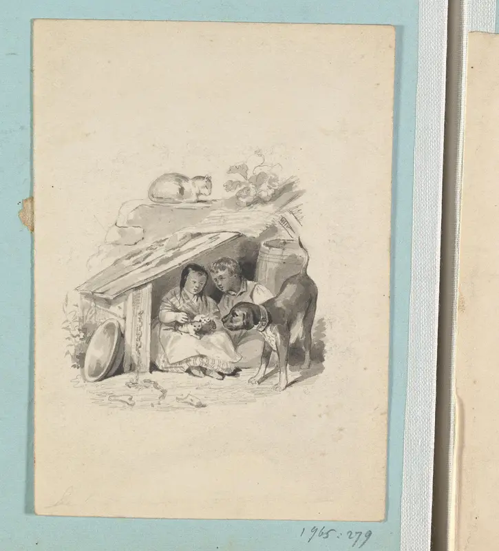 Twee kinderen met jonge katjes en een hond Wall Art by Johann Wilhelm Kaiser (I) - High-Resolution Digital Print