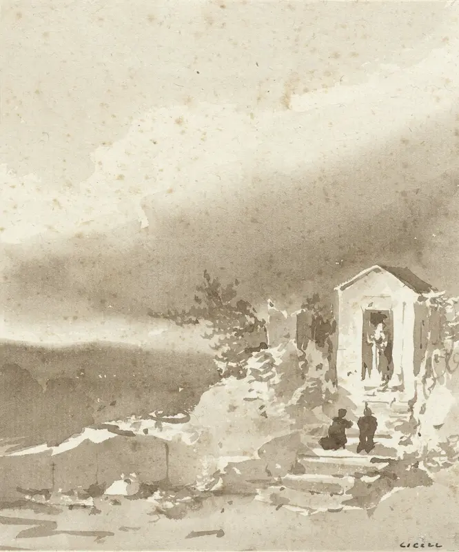 Twee knielende lieden op de trap voor een kapelletje in de bergen Wall Art by Pierre Luc Charles Cicéri - High-Resolution Digital Print