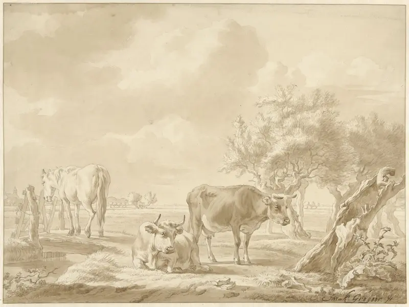 Twee koeien en een paard in een weiland met knotwilgen Wall Art by Unknown - High-Resolution Digital Print