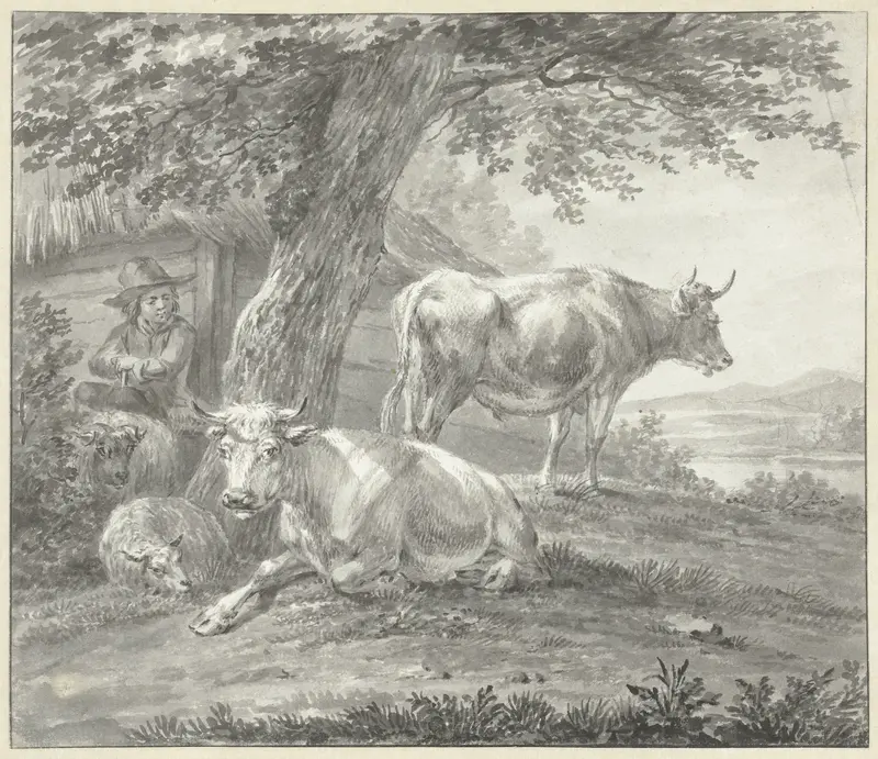 Twee koeien en twee schapen onder een boom bij een schuur Wall Art by Hendrik Stokvisch - High-Resolution Digital Print