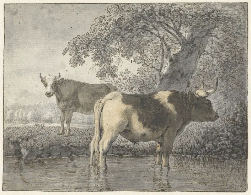 Twee koeien onder een boom aan het water Wall Art by Cornelis van Noorde - High-Resolution Digital Print