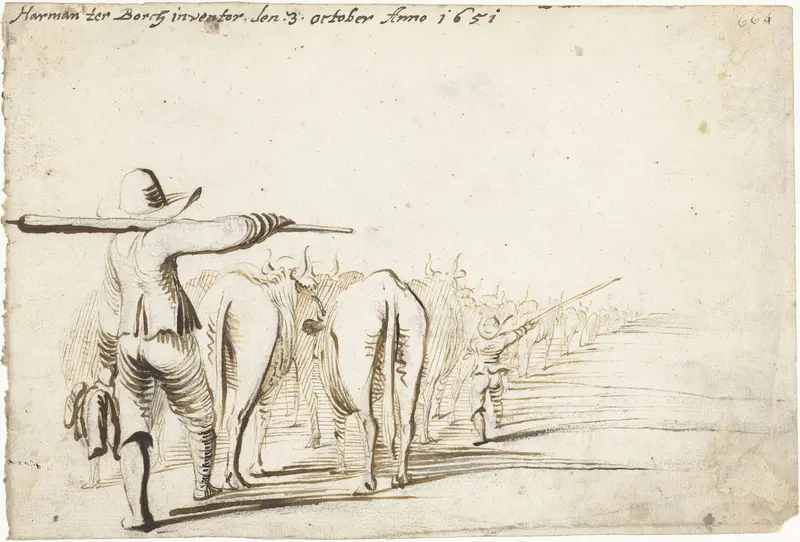 Twee koeienhouders drijven hun vee, van achteren Wall Art by Unknown - High-Resolution Digital Print