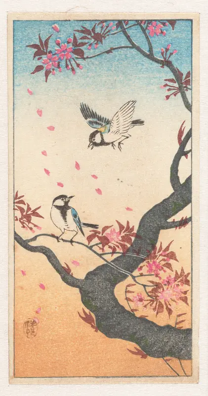 Twee koolmezen bij bloesemende boom Wall Art by Watanabe Shōzaburō - High-Resolution Digital Print