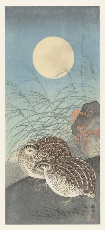Twee kwartels bij volle maan. Wall Art by Watanabe Shōzaburō - High-Resolution Digital Print