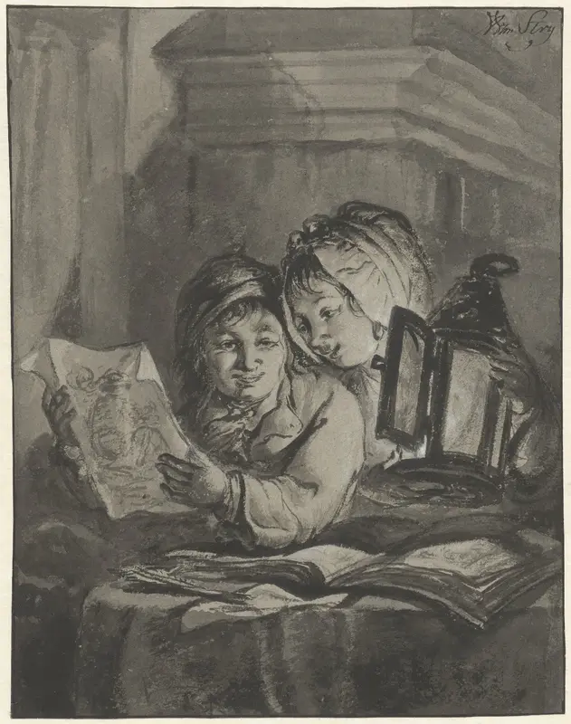 Twee lezende kinderen met een lantaarn Wall Art by Abraham van Strij (I) - High-Resolution Digital Print