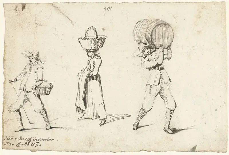 Twee lopende mannen en een vrouw dragen voorwerpen Wall Art by Unknown - High-Resolution Digital Print