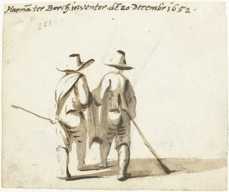 Twee lopende mannen met een stok in hun hand, van achteren Wall Art by Unknown - High-Resolution Digital Print