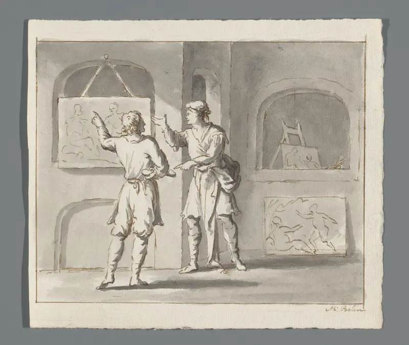 Twee mannen bespreken een schilderij Wall Art by Unknown - High-Resolution Digital Print