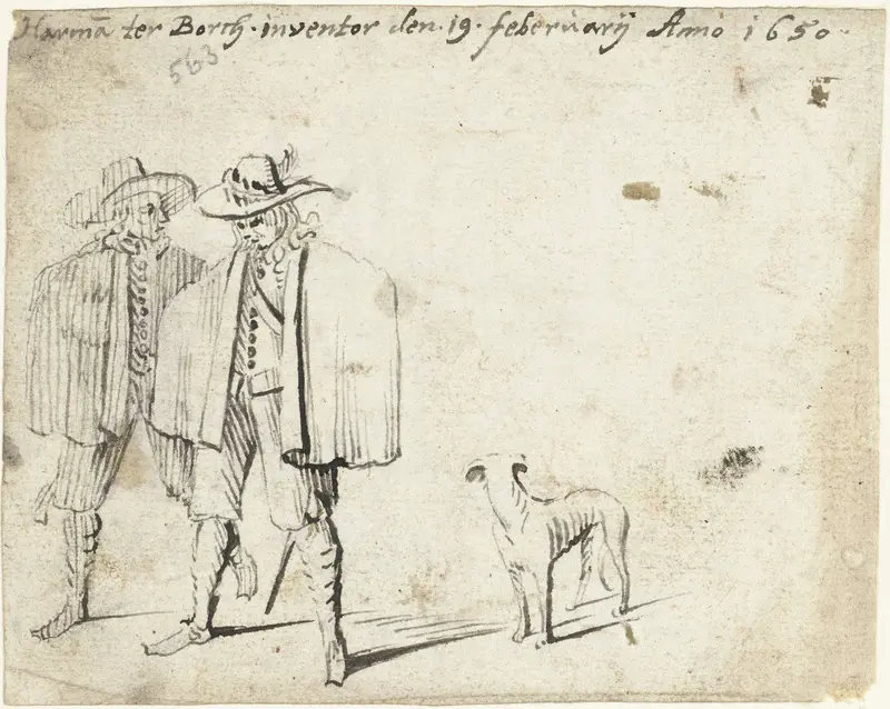 Twee mannen die een cape dragen en een hond Wall Art by Unknown - High-Resolution Digital Print