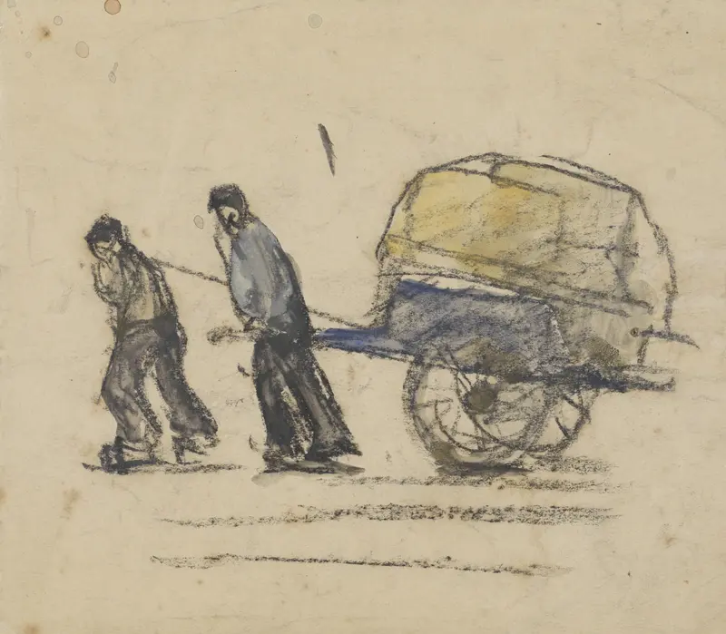 Twee mannen die een kar trekken Wall Art by Adolf le Comte - High-Resolution Digital Print