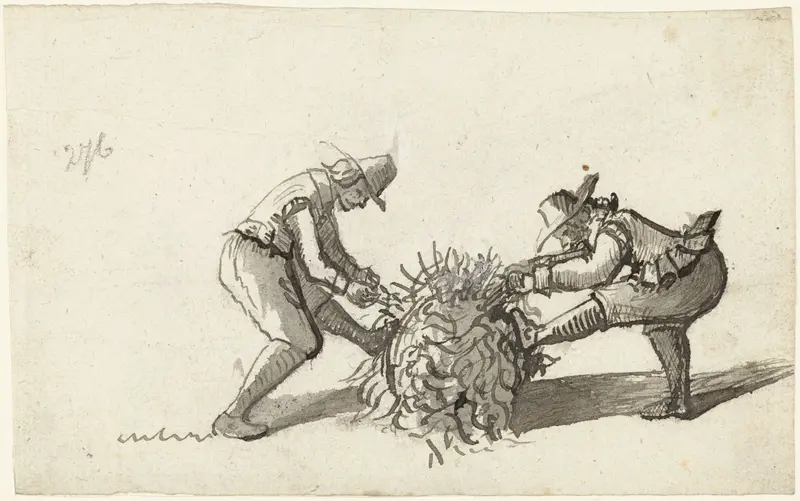 Twee mannen die een vacht of een takkenbos samenbinden Wall Art by Unknown - High-Resolution Digital Print