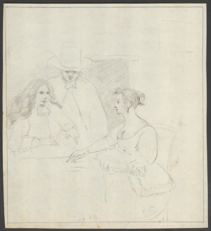 Twee mannen en een vrouw met luit aan tafel Wall Art by anonymous - High-Resolution Digital Print