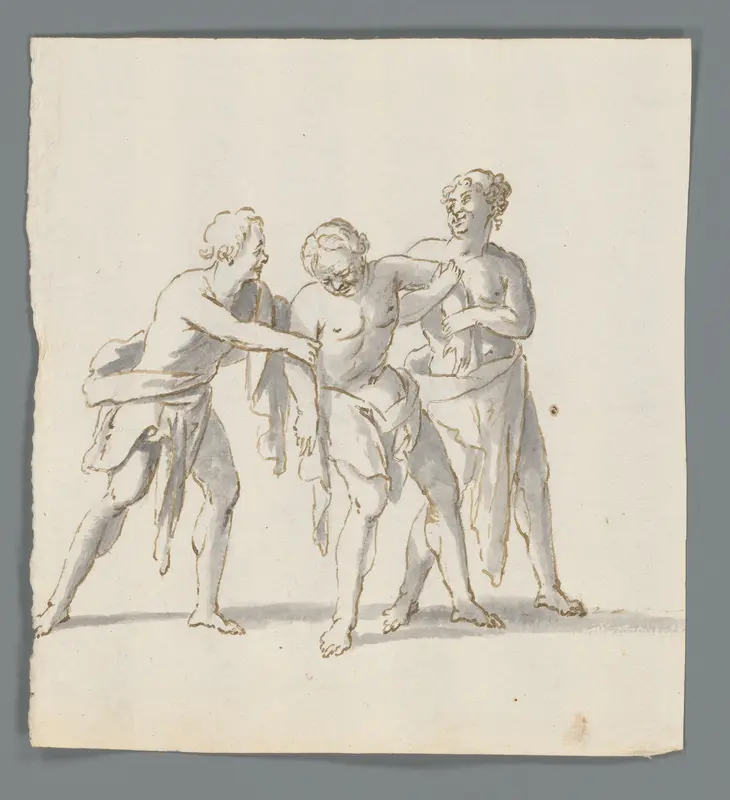 Twee mannen houden een dronken man overeind Wall Art by Matthijs Balen (1684-1766) - High-Resolution Digital Print