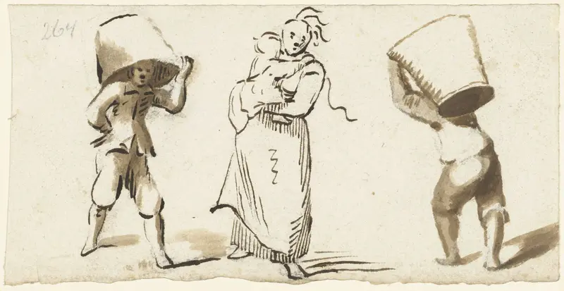 Twee mannen met manden en een vrouw met een kind Wall Art by Harmen ter Borch - High-Resolution Digital Print