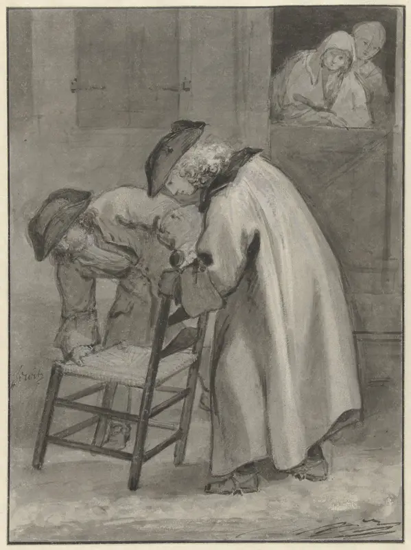 Twee mannen met steek op bekijken een matten stoel Wall Art by Jacob de Wit - High-Resolution Digital Print