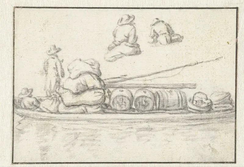 Twee mannen op een schuit beladen met zakken en vaten Wall Art by Herman Saftleven - High-Resolution Digital Print