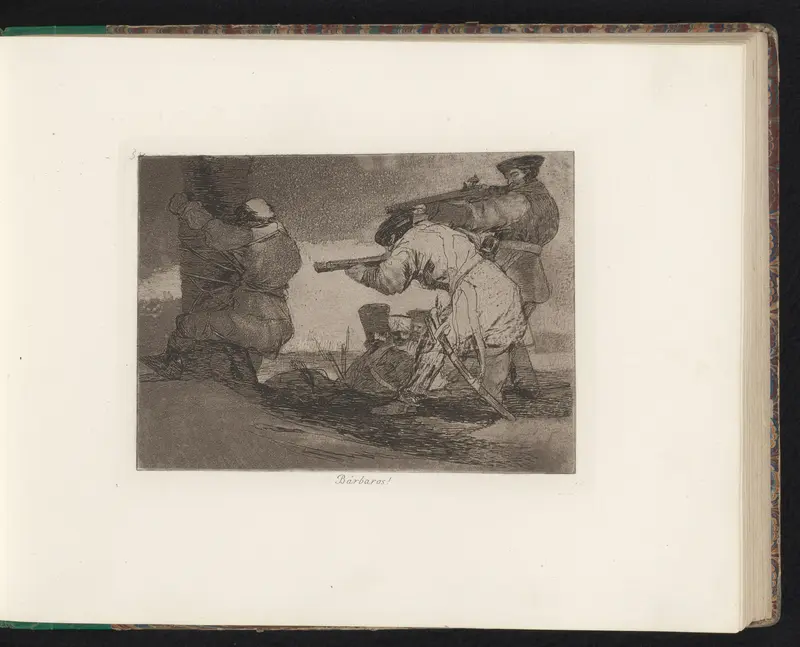 Twee mannen richten hun geweren op de rug van een aan een boom geknevelde persoon Wall Art by Francisco de Goya - High-Resolution Digital Print