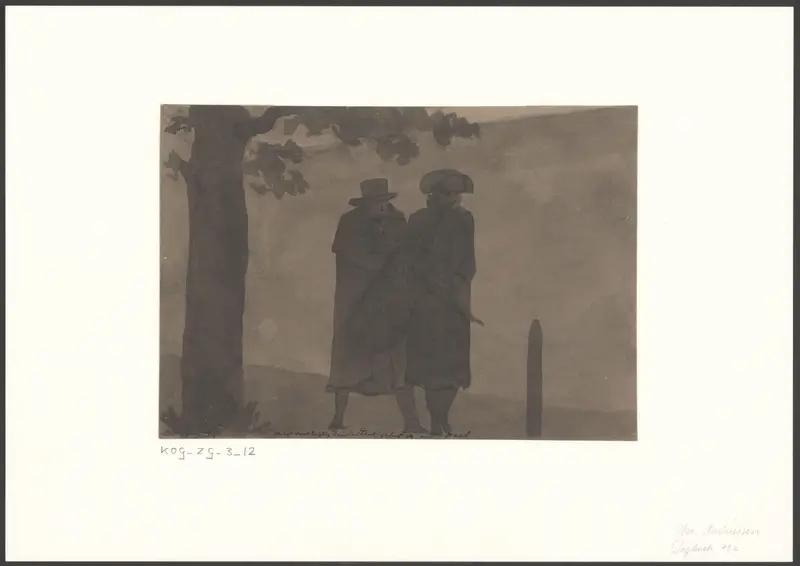 Twee mannen wandelen voorzichtig op een mistige avond Wall Art by Christiaan Andriessen - High-Resolution Digital Print