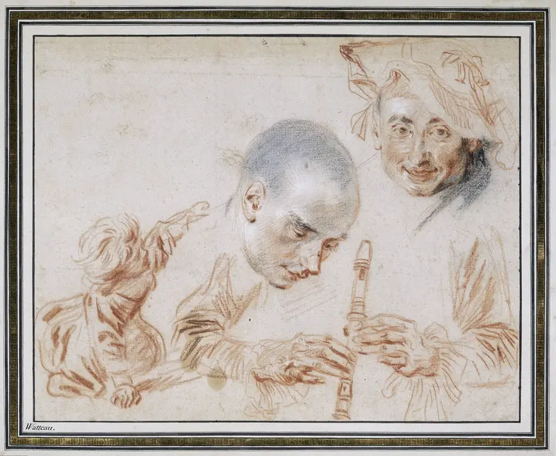 Twee mannenhoofden, twee armen met een blokfluit en een kind Wall Art by Jean Antoine Watteau - High-Resolution Digital Print