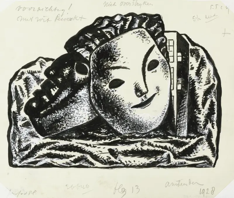 Twee maskers voor gebouw en rotsen (schets) Wall Art by Leo Gestel - High-Resolution Digital Print
