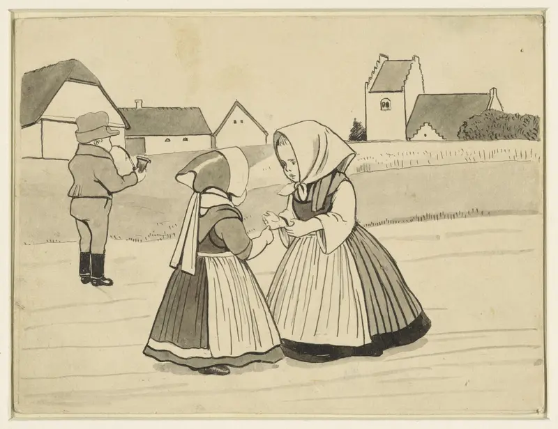 Twee meisjes en een jongen, die een pijp rookt, op een landweg Wall Art by Alfred Michael Roedstad Schmidt - High-Resolution Digital Print