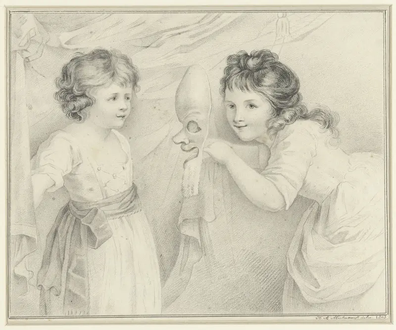 Twee meisjes met een masker Wall Art by H.A. Moulinneuf - High-Resolution Digital Print