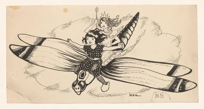 Twee meisjes vliegen op een libelle Wall Art by Unknown - High-Resolution Digital Print