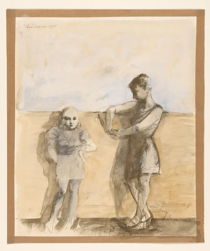 Twee meisjes voor een muur Wall Art by Unknown - High-Resolution Digital Print