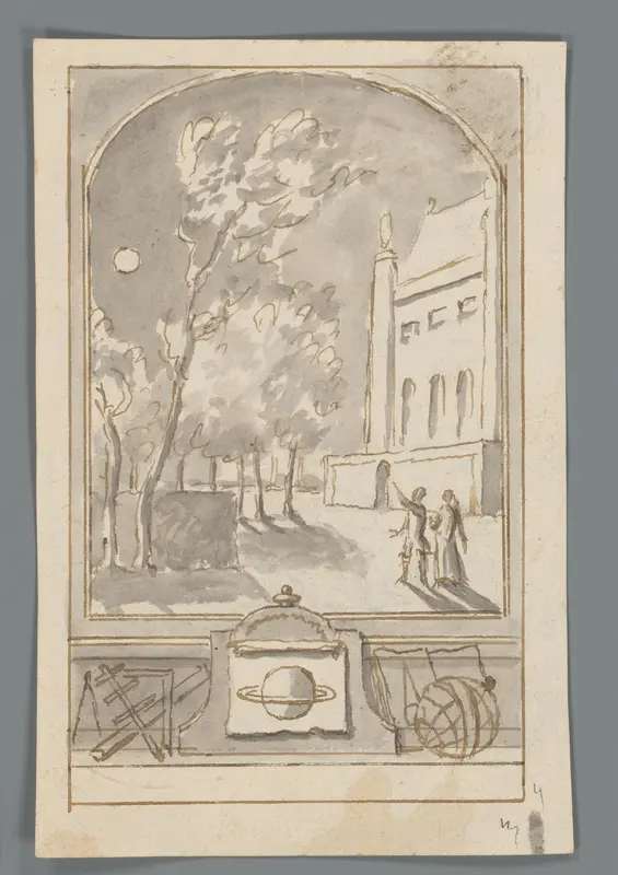 Twee mensen wandelen 's nachts langs een kasteel en bekijken de hemel Wall Art by Matthijs Balen (1684-1766) - High-Resolution Digital Print