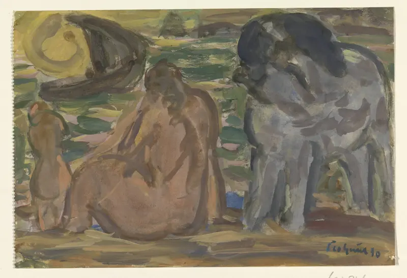 Twee naakte figuren en een paard aan de zee Wall Art by Unknown - High-Resolution Digital Print