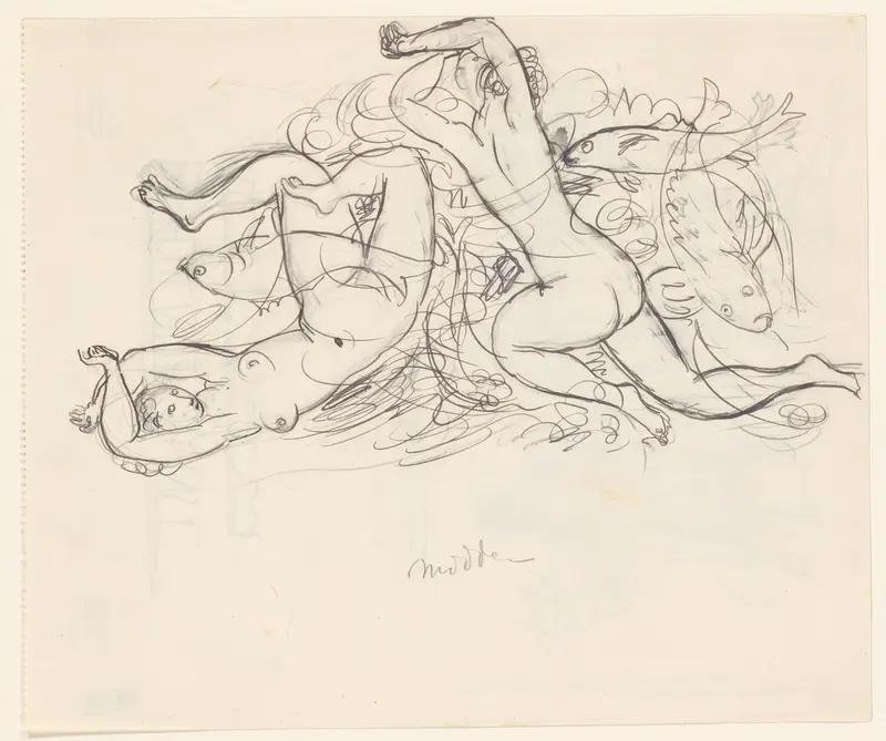 Twee naakte vrouwen en drie vissen Wall Art by Leo Gestel - High-Resolution Digital Print