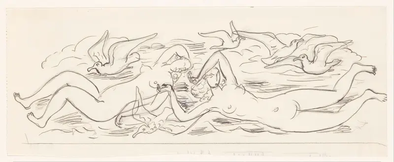 Twee naakte zwemmende vrouwen en vijf meeuwen Wall Art by Leo Gestel - High-Resolution Digital Print