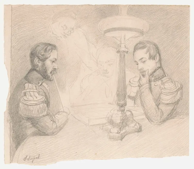 Twee officieren zittend aan tafel (links Schepel, rechts zelfportret?) Wall Art by Christian Heinrich Gottlieb Steuerwald - High-Resolution Digital Print