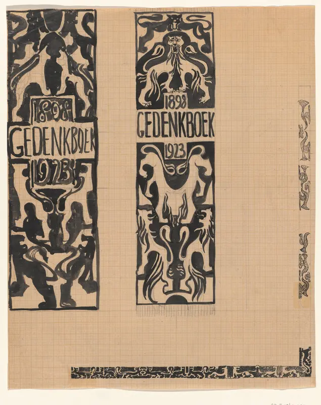 Twee ontwerpen voor de rug van het gedenkboek voor koningin Wilhelmina uit 1923 Wall Art by Carel Adolph Lion Cachet - High-Resolution Digital Print