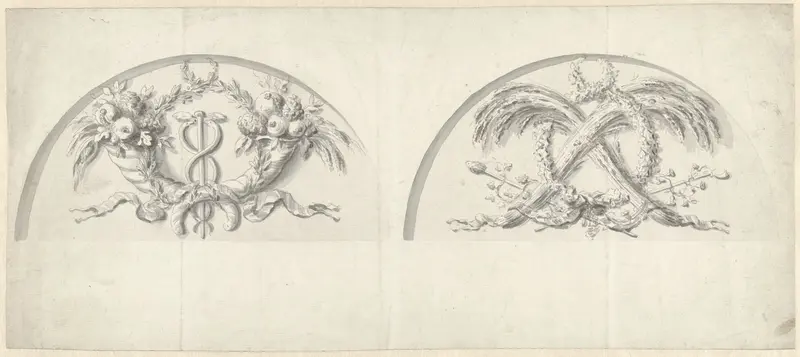 Twee ontwerpen voor lunetten, een met mercuriusstaf tussen cornucopiae, de ander met aren, thyrsos en herdersstaf Wall Art by Bartholomeus Ziesenis - High-Resolution Digital Print