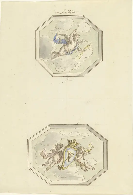 Twee ontwerpen voor plafondschilderingen: de Snelheid en putti met wapenschild Wall Art by Elias van Nijmegen - High-Resolution Digital Print