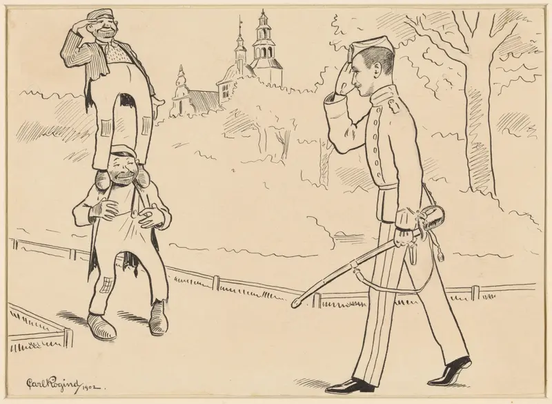 Twee op elkaar staande zwervers groeten een militaire officier Wall Art by Carl Frederik Lobeck Rögind - High-Resolution Digital Print