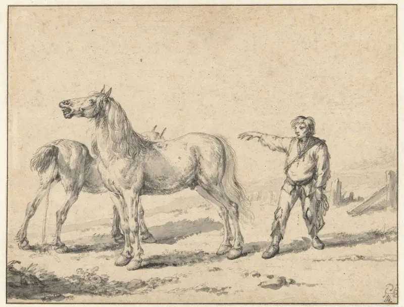 Twee paarden, een urinerend, de ander hinnikend, en een staande man Wall Art by Philips Wouwerman - High-Resolution Digital Print