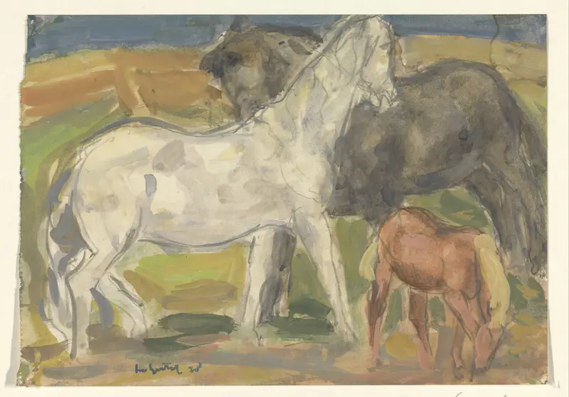 Twee paarden en een veulen in een landschap Wall Art by Unknown - High-Resolution Digital Print