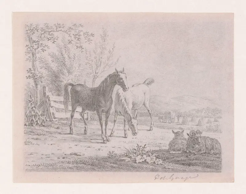 Twee paarden en twee schapen in een weide Wall Art by Unknown - High-Resolution Digital Print