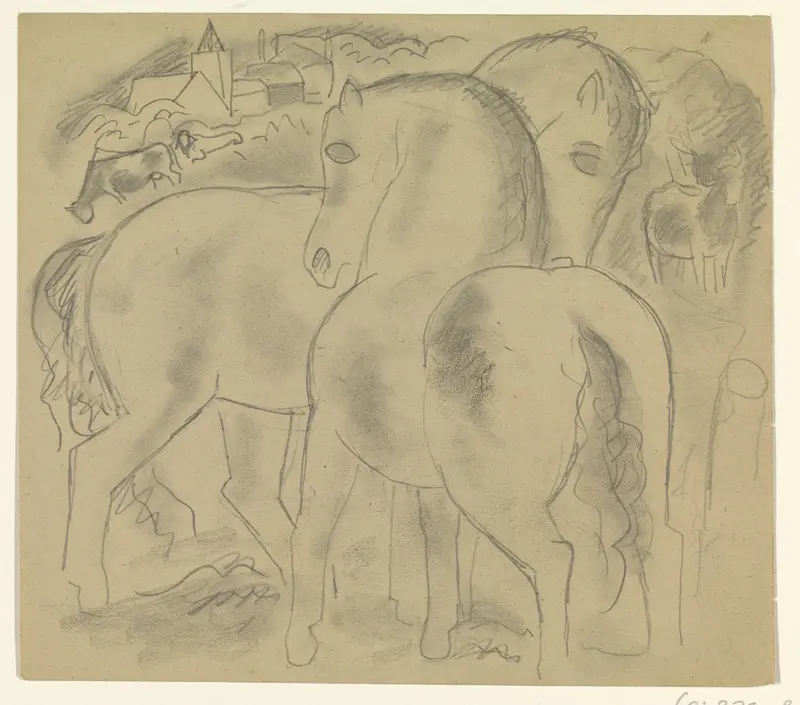Twee paarden in een landschap met koeien Wall Art by Leo Gestel - High-Resolution Digital Print