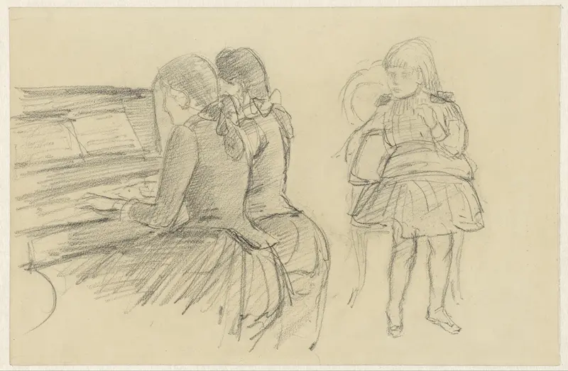 Twee pianospelende meisjes en een zittend meisje