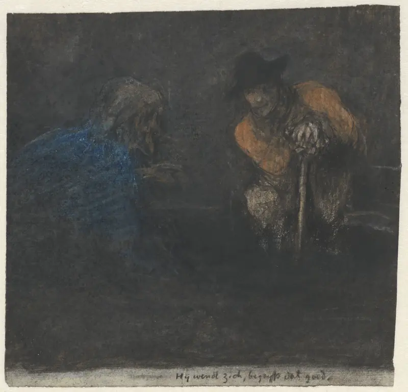 Twee pratende mannen in het duister Wall Art by Jac van Looij - High-Resolution Digital Print