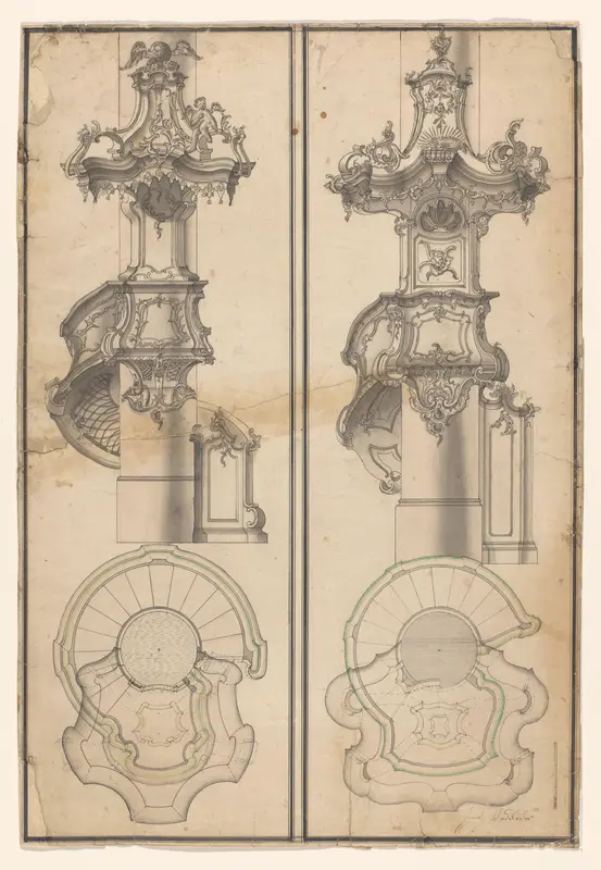 Twee preekstoelen, met daaronder bovenaanzichten Wall Art by Unknown - High-Resolution Digital Print