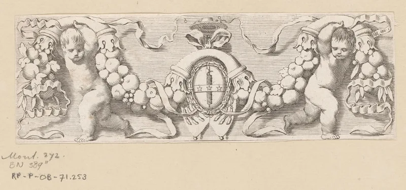 Twee putti met een guirlande van fruit en het wapen van kardinaal Jules Mazarin Wall Art by Claude Mellan - High-Resolution Digital Print